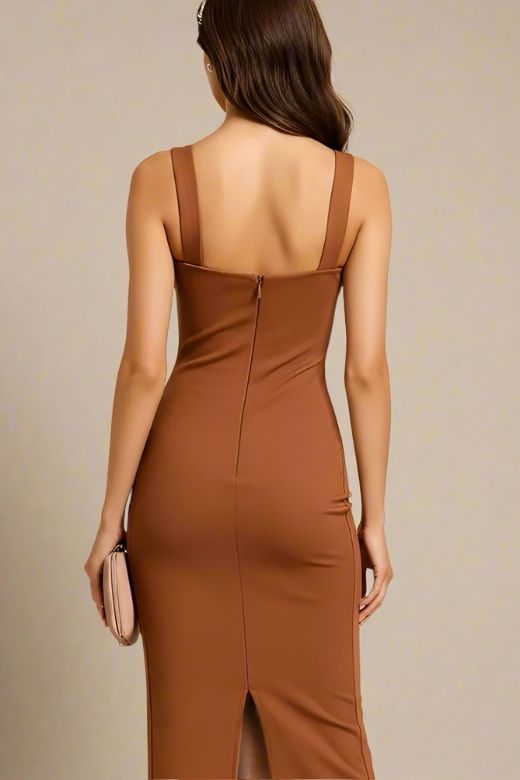Marilyn Bodycon Wrap Midi Dress - Rustic Brown