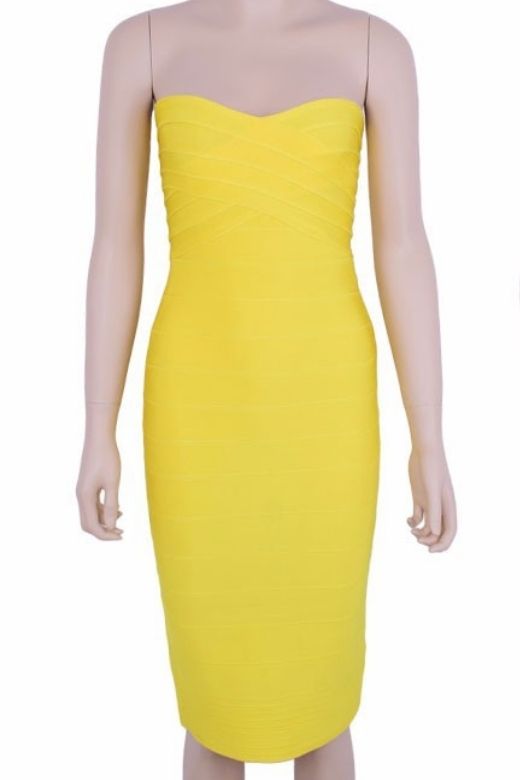 Woman wearing a figure flattering Aaliyah Bandage Midi Dress - Sun Yellow BODYCON COLLECTION Pty Ltd