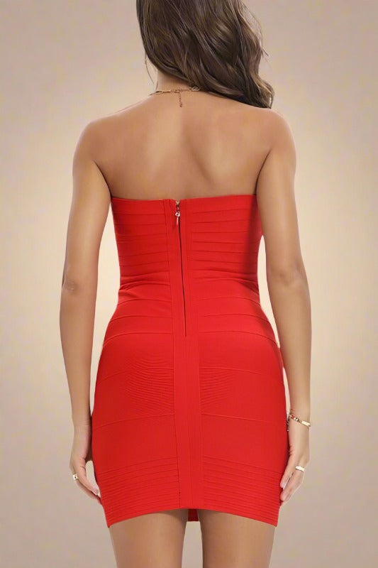 Woman wearing a figure flattering  Aaliyah Bandage Mini Dress - Lipstick Red BODYCON COLLECTION