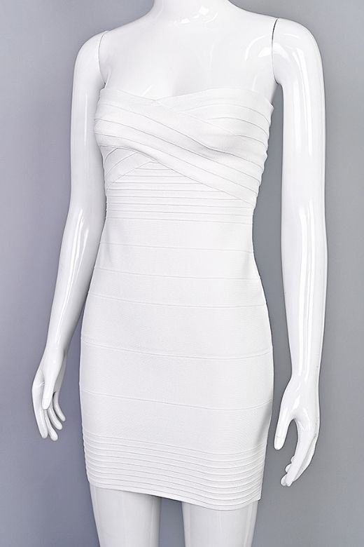 Woman wearing a figure flattering Aaliyah Bandage Mini Dress - White Pearl BODYCON COLLECTION