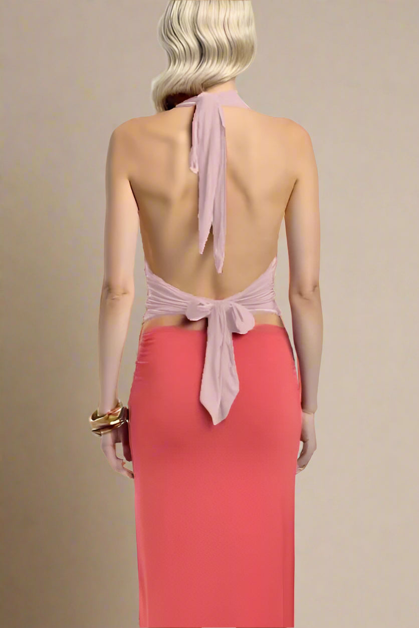 Woman wearing a figure flattering Aby Bodycon Top - Pink Peach Fuzz BODYCON COLLECTION Pty Ltd