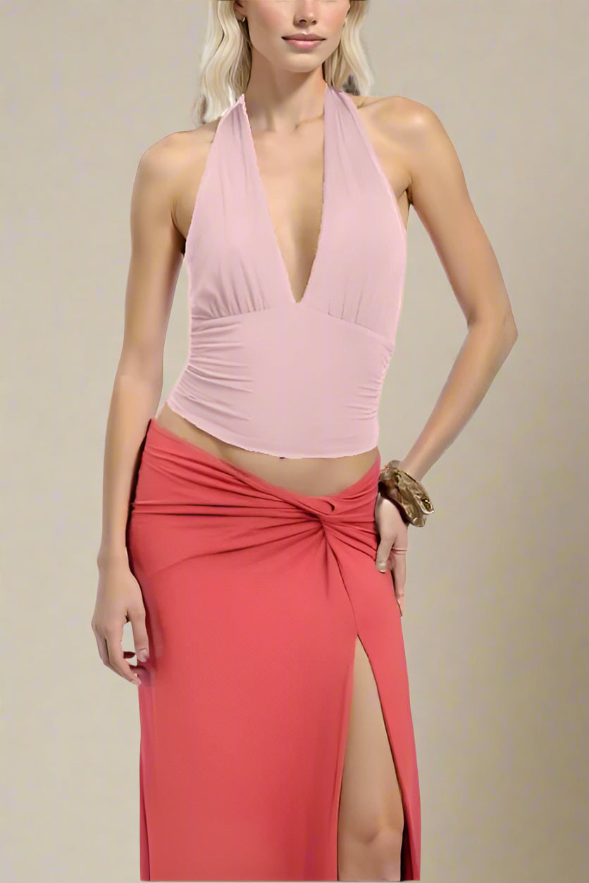 Woman wearing a figure flattering Aby Bodycon Top - Pink Peach Fuzz BODYCON COLLECTION Pty Ltd