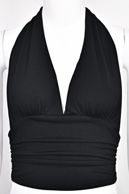 Woman wearing a figure flattering Aby Halter Top - Classic Black BODYCON COLLECTION Pty Ltd