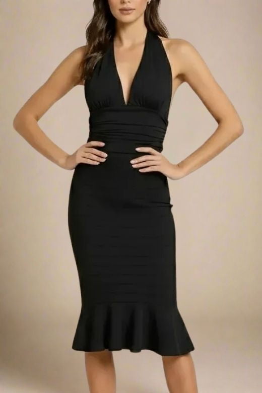 Woman wearing a figure flattering Aby Halter Top - Classic Black BODYCON COLLECTION Pty Ltd
