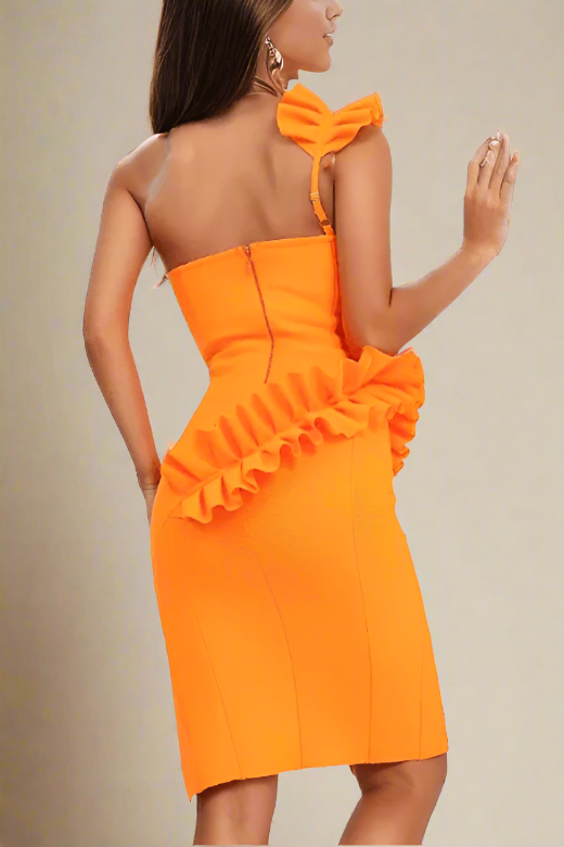 Woman wearing a figure flattering  Aimee Bodycon Dress - Apricot Orange BODYCON COLLECTION