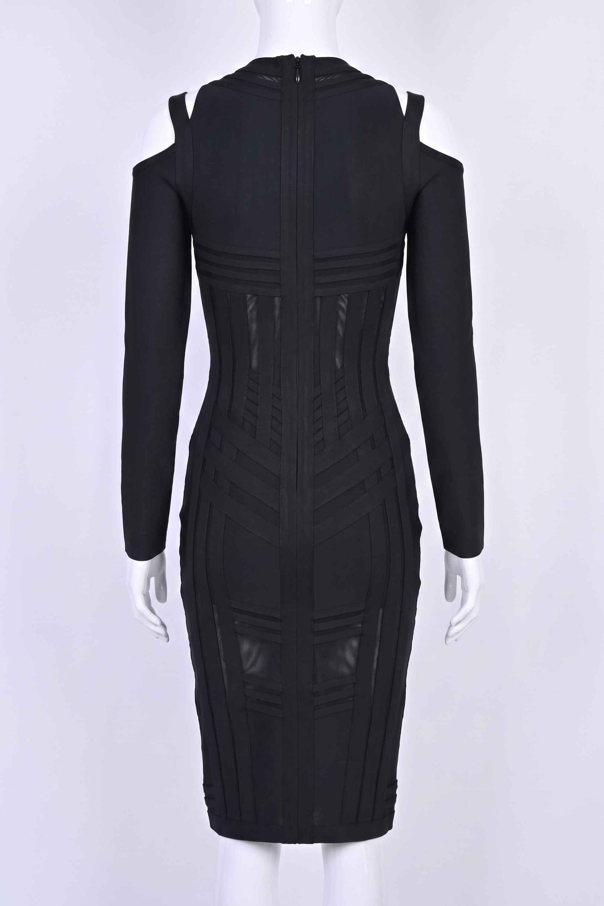Woman wearing a figure flattering Amelia Long Sleeve Bandage Dress - Classic Black BODYCON COLLECTION