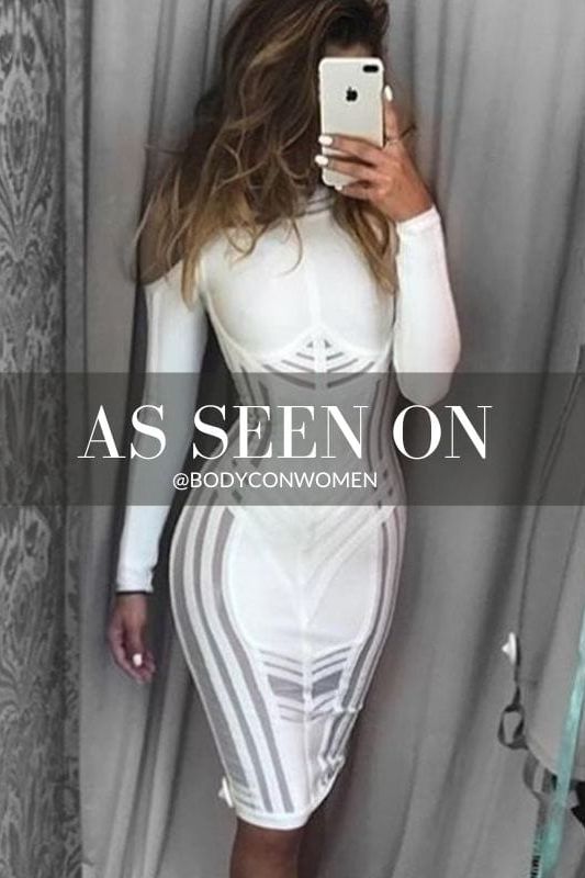 Woman wearing a figure flattering Amelia Long Sleeve Bandage Dress - Pearl White BODYCON COLLECTION