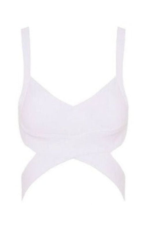 Woman wearing a figure flattering  Ang Bandage Crop Top - Pearl White BODYCON COLLECTION