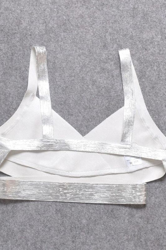 Woman wearing a figure flattering Ang Bandage Crop Top - Silver BODYCON COLLECTION