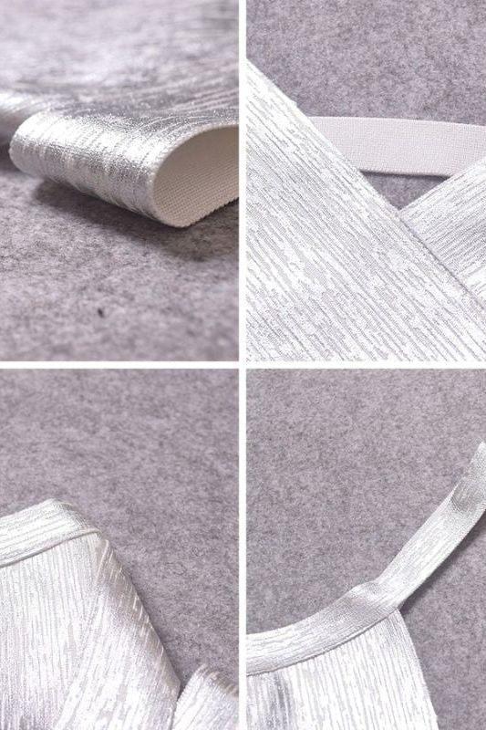 Woman wearing a figure flattering Ang Bandage Crop Top - Silver BODYCON COLLECTION