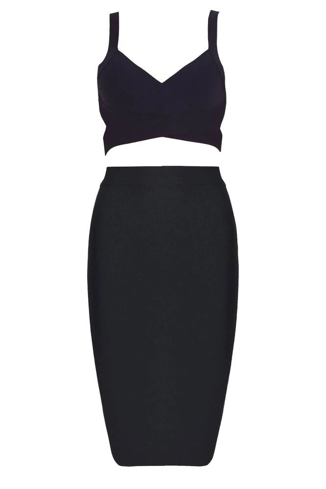 Woman wearing a figure flattering Ang Bandage Top and Knee Length Skirt Set- Classic Black BODYCON COLLECTION