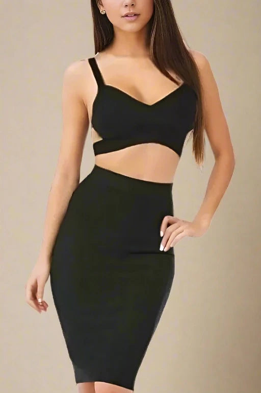 Woman wearing a figure flattering  Ang Bandage Top and Knee Length Skirt Set- Classic Black BODYCON COLLECTION