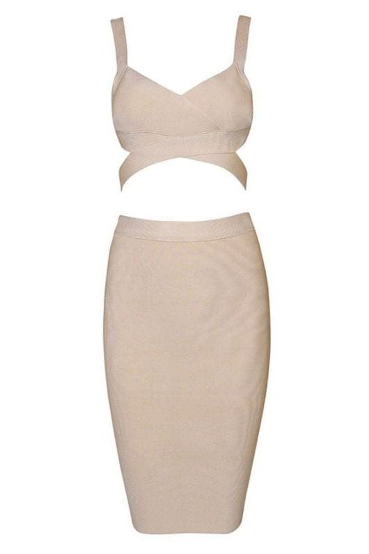 Woman wearing a figure flattering Ang Bandage Top and Knee Length Skirt Set- Cream BODYCON COLLECTION