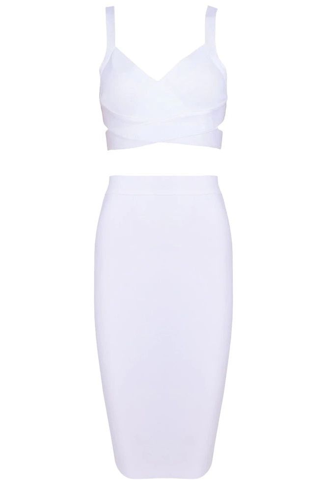 Woman wearing a figure flattering Ang Bandage Top and Knee Length Skirt Set - Pearl White BODYCON COLLECTION