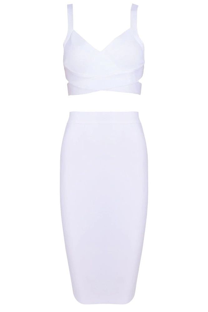 Woman wearing a figure flattering  Ang Bandage Top and Knee Length Skirt Set - Pearl White BODYCON COLLECTION