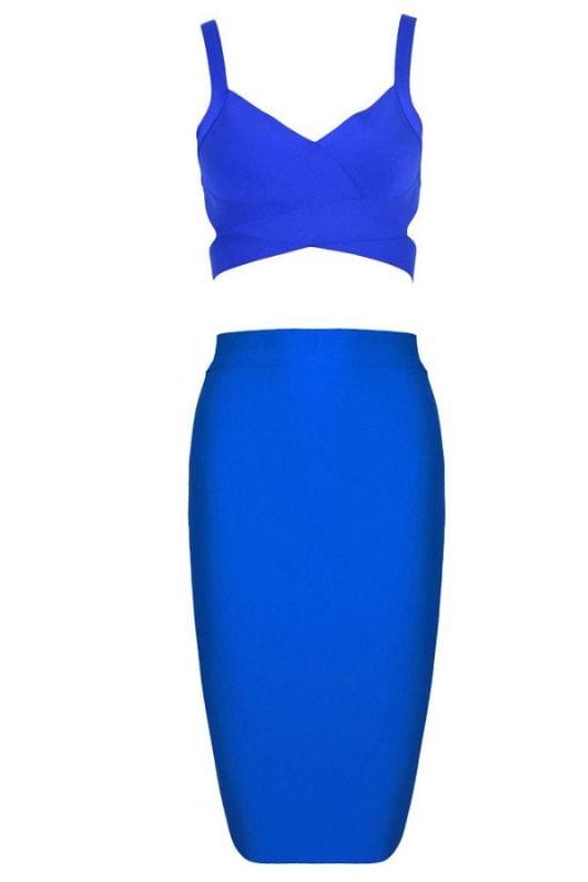 Woman wearing a figure flattering Ang Bandage Top and Knee Length Skirt Set- Royal Blue BODYCON COLLECTION