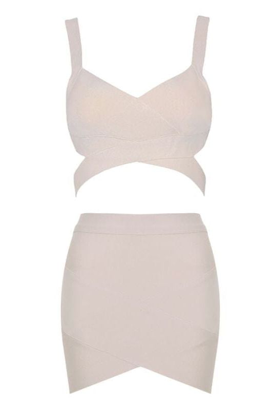 Woman wearing a figure flattering  Ang Bandage Top and Mini Skirt Set - Cream BODYCON COLLECTION