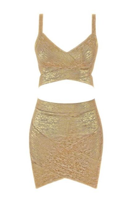 Woman wearing a figure flattering Ang Bandage Top and Mini Skirt Set - Gold BODYCON COLLECTION