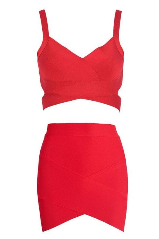 Woman wearing a figure flattering Ang Bandage Top and Mini Skirt Set - Lipstick Red BODYCON COLLECTION