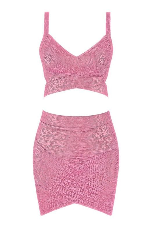 Woman wearing a figure flattering Ang Bandage Top and Mini Skirt Set - Metallic Pink BODYCON COLLECTION