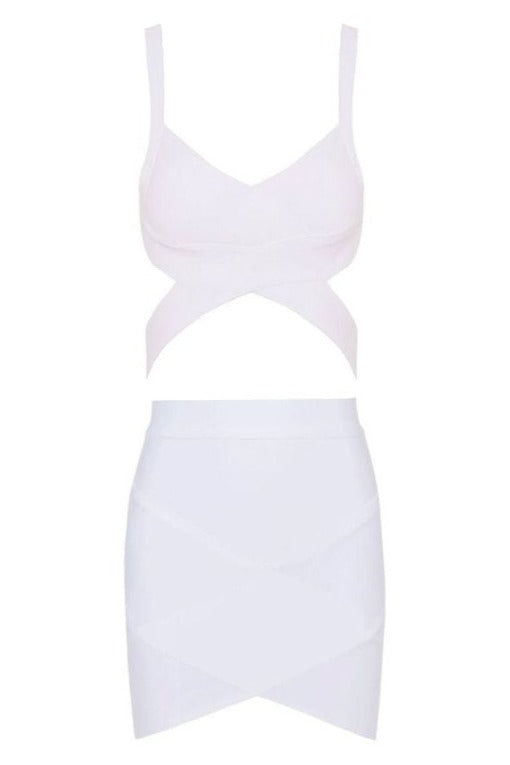 Woman wearing a figure flattering Ang Bandage Top and Mini Skirt Set - Pearl White BODYCON COLLECTION