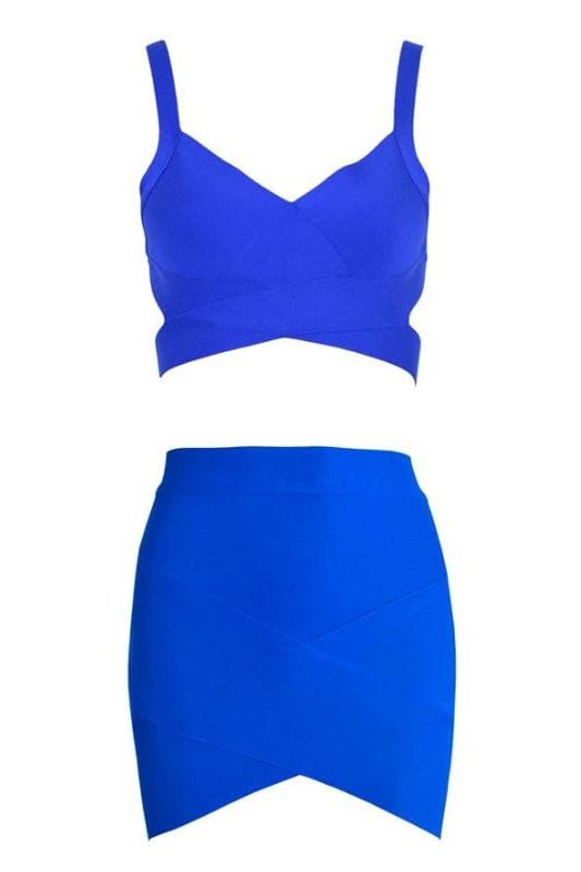 Woman wearing a figure flattering  Ang Bandage Top and Mini Skirt Set - Royal Blue BODYCON COLLECTION