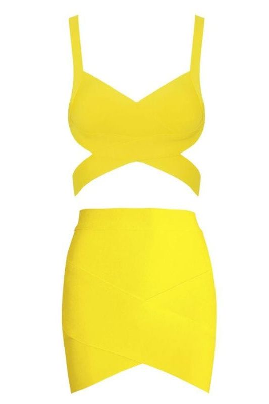 Woman wearing a figure flattering Ang Bandage Top and Mini Skirt Set - Sun Yellow BODYCON COLLECTION