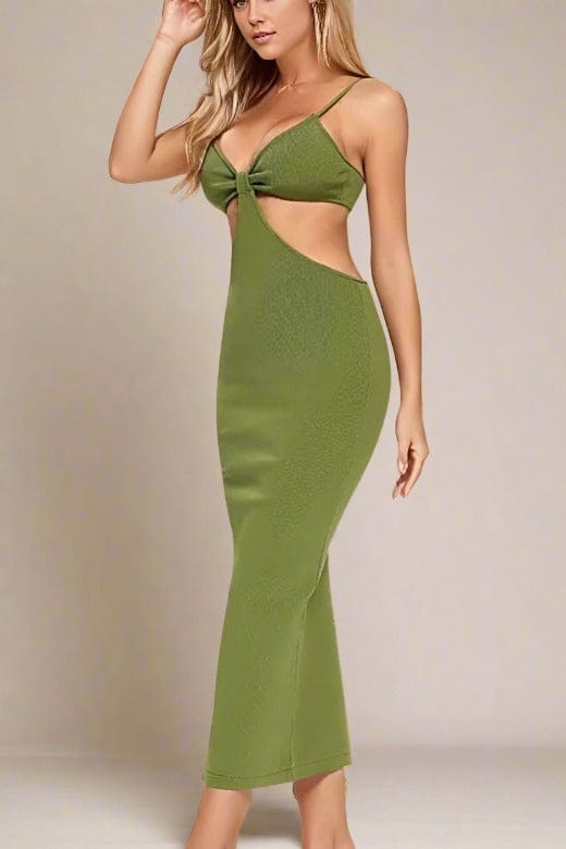 Woman wearing a figure flattering  Aria Bodycon Day Maxi Dress - Emerald Green BODYCON COLLECTION
