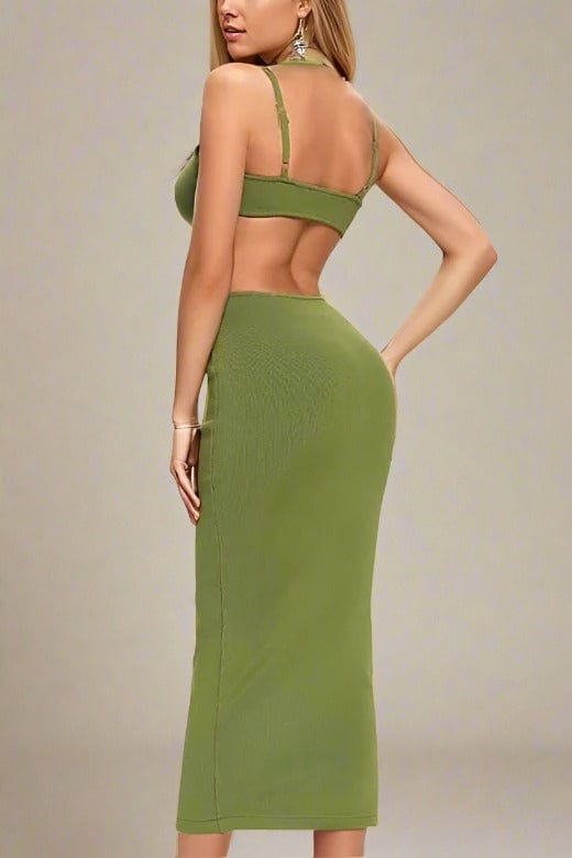 Woman wearing a figure flattering  Aria Bodycon Day Maxi Dress - Emerald Green BODYCON COLLECTION