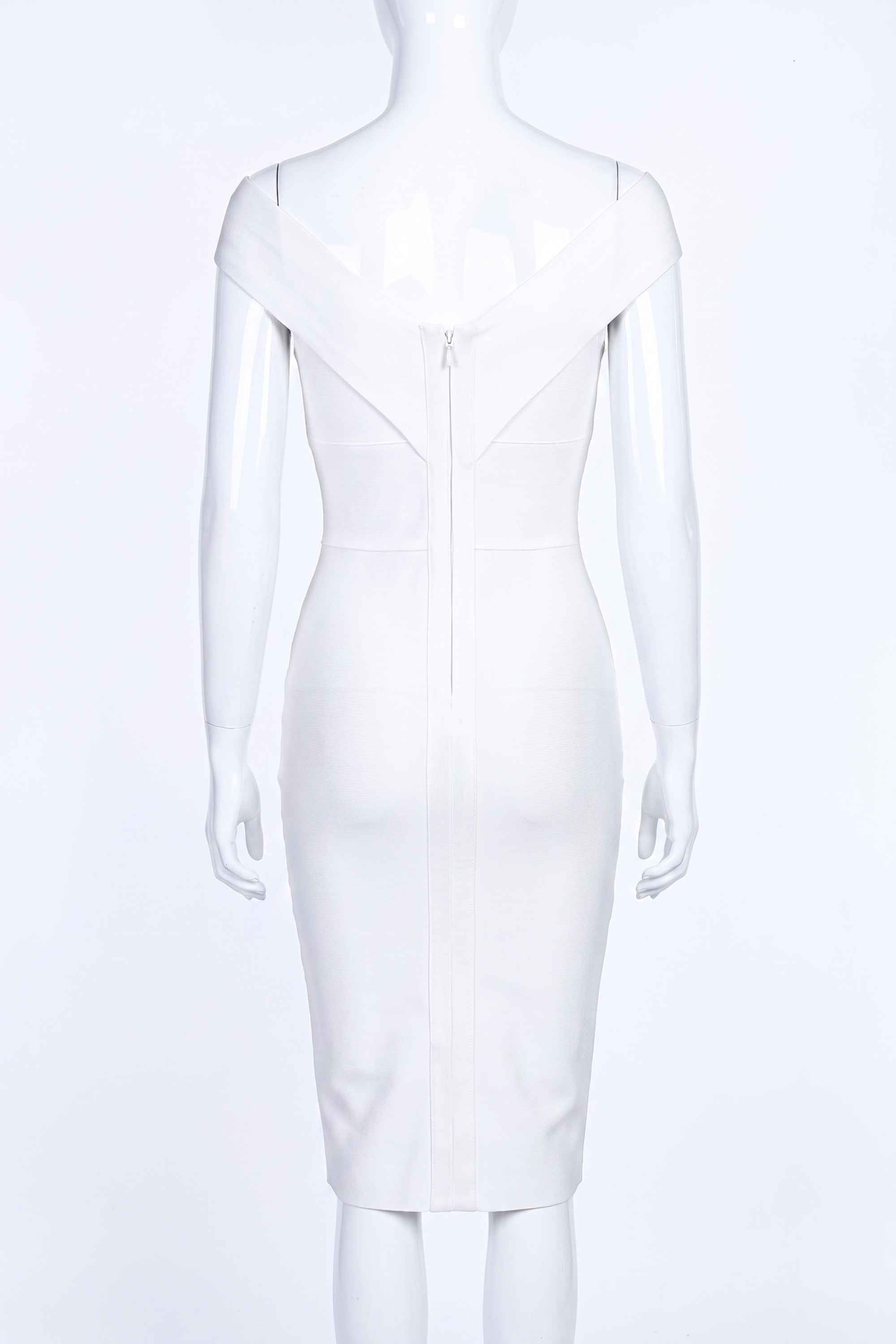 Woman wearing a figure flattering Ash Bandage Dress - Pearl White Bodycon Collection