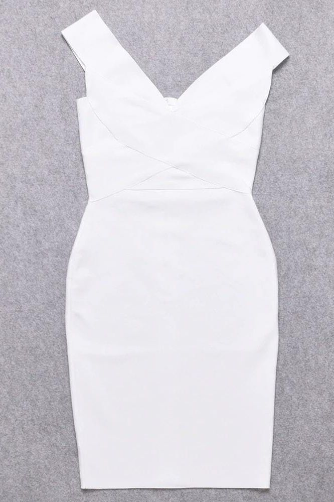 Woman wearing a figure flattering Ash Bandage Dress - Pearl White Bodycon Collection