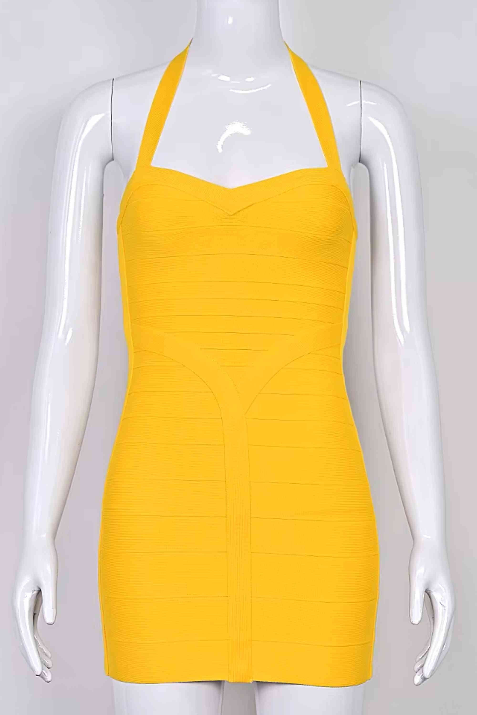 Woman wearing a figure flattering Athena Bandage Mini Dress - Mustard Yellow BODYCON COLLECTION Pty Ltd