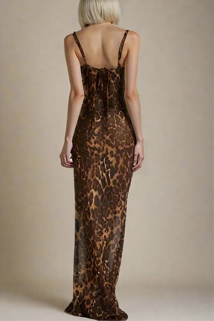 Woman wearing a figure flattering Athena Bodycon Maxi Dress - Leopard Print Yellow BODYCON COLLECTION