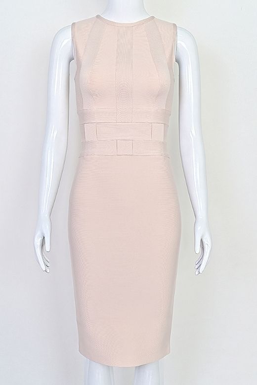 Woman wearing a figure flattering Aurora Bandage Dress - Cream BODYCON COLLECTION Pty Ltd