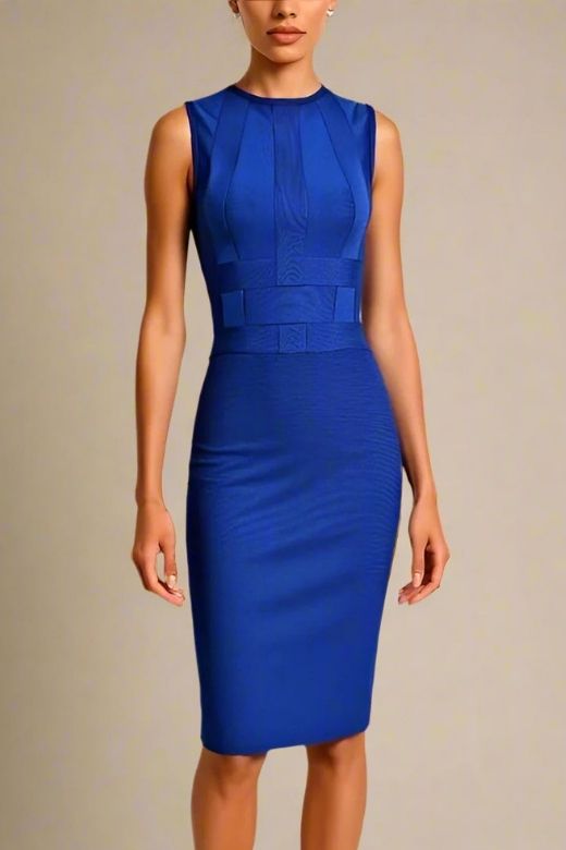 Aurora Blue Bandage Dress for Women, Navy Blue, Polyester and Elastane, Knee Length, High Neck, Sleeveless, Pencil Style Aurora Blue Bandage Dress for Women, Navy Blue, Polyester and Elastane, Knee Length, High Neck, Sleeveless, Pencil Style