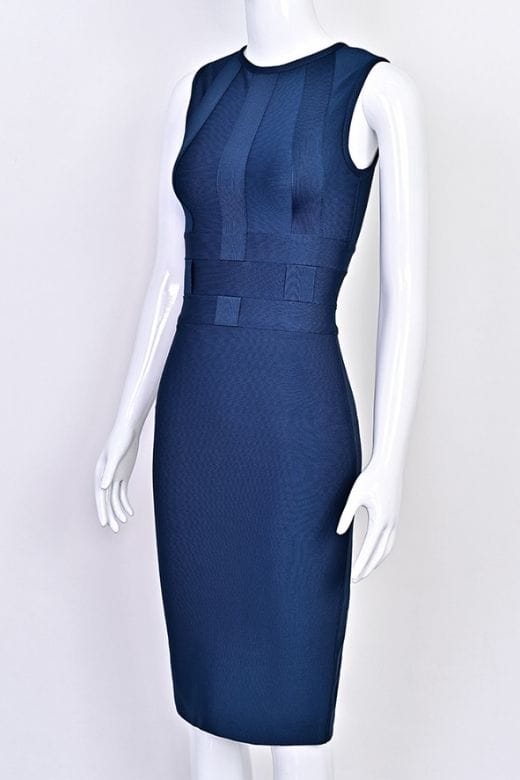 Woman wearing a figure flattering Aurora Bandage Dress - Navy Blue BODYCON COLLECTION Pty Ltd