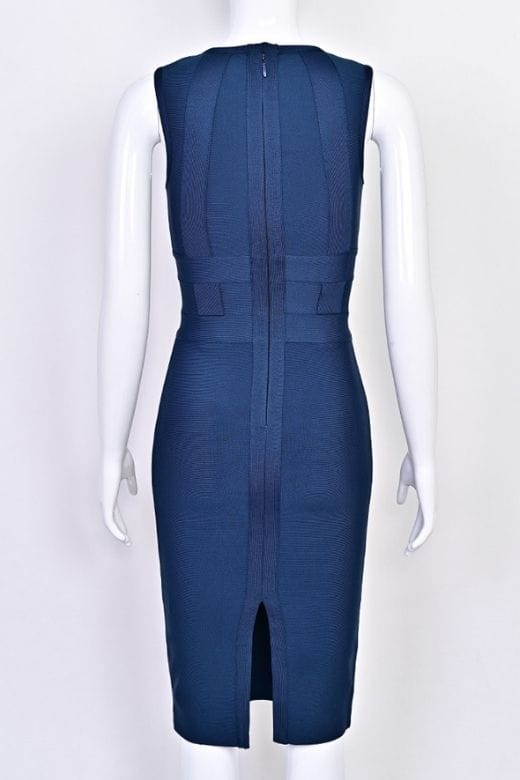 Woman wearing a figure flattering Aurora Bandage Dress - Navy Blue BODYCON COLLECTION Pty Ltd