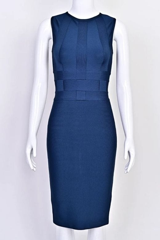 Woman wearing a figure flattering Aurora Bandage Dress - Navy Blue BODYCON COLLECTION Pty Ltd
