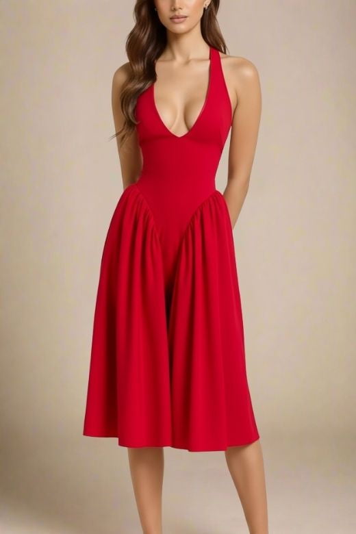 Woman wearing a figure flattering Austen Bodycon Midi Dress - Chilli Red BODYCON COLLECTION