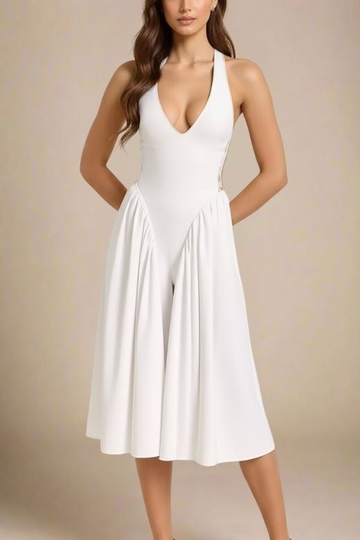 Woman wearing a figure flattering Austen Bodycon Midi Dress - White Pearl BODYCON COLLECTION