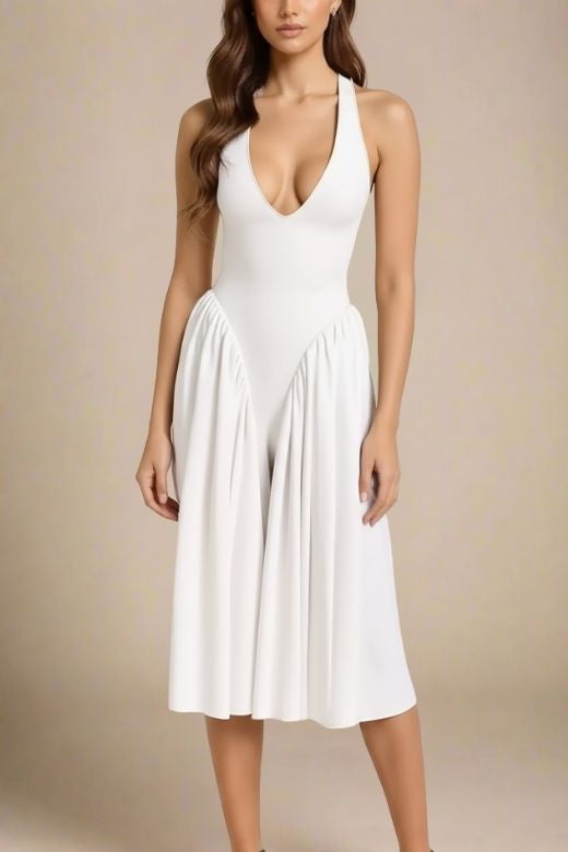 Woman wearing a figure flattering Austen Bodycon Midi Dress - White Pearl BODYCON COLLECTION
