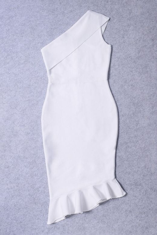 Woman wearing a figure flattering Avery Bandage Dress - White Pearl BODYCON COLLECTION