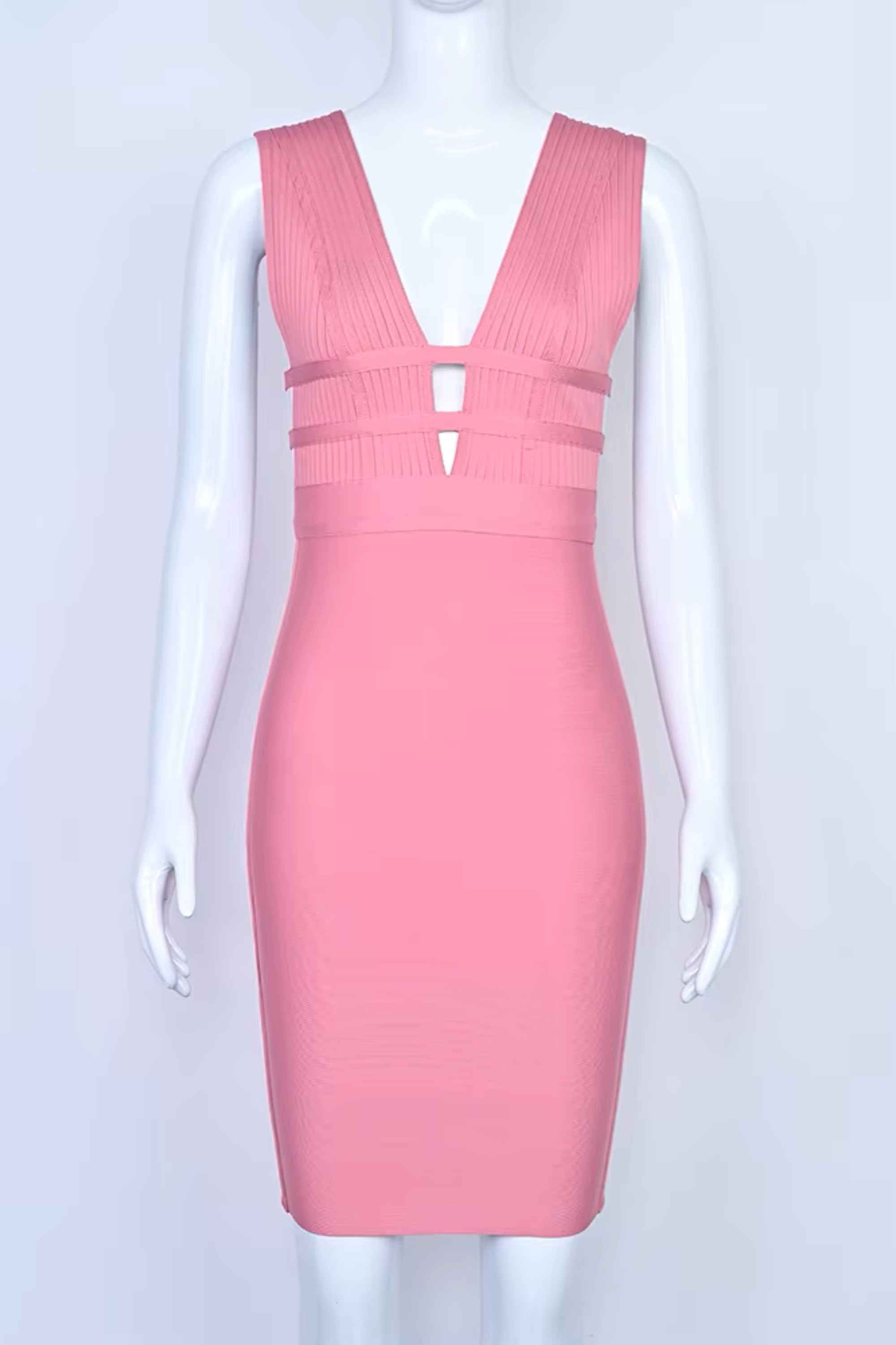 Woman wearing a figure flattering Bay Bandage Dress - Ballet Pink Bodycon Collection