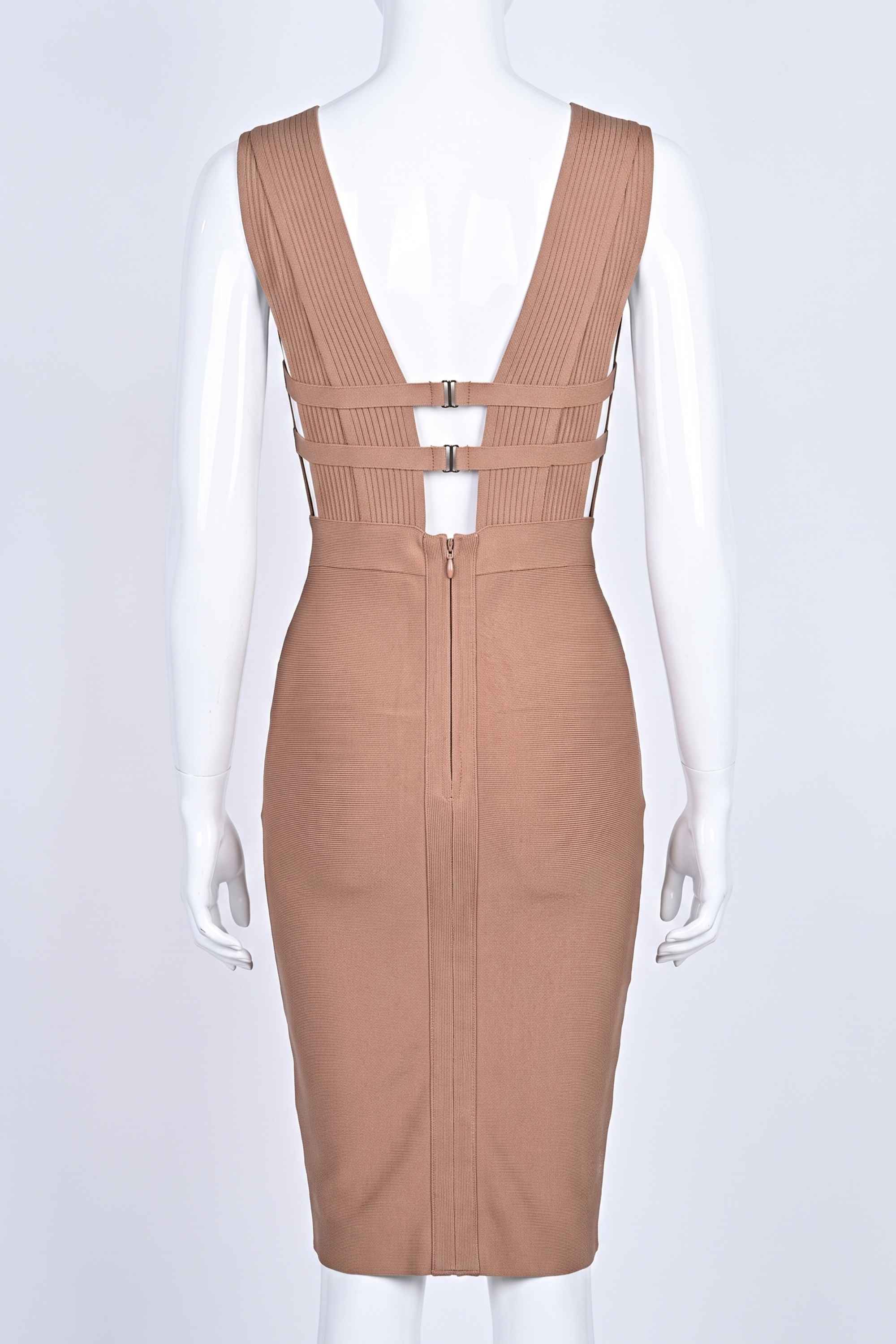 Woman wearing a figure flattering Bay Bandage Dress - Nude Bodycon Collection
