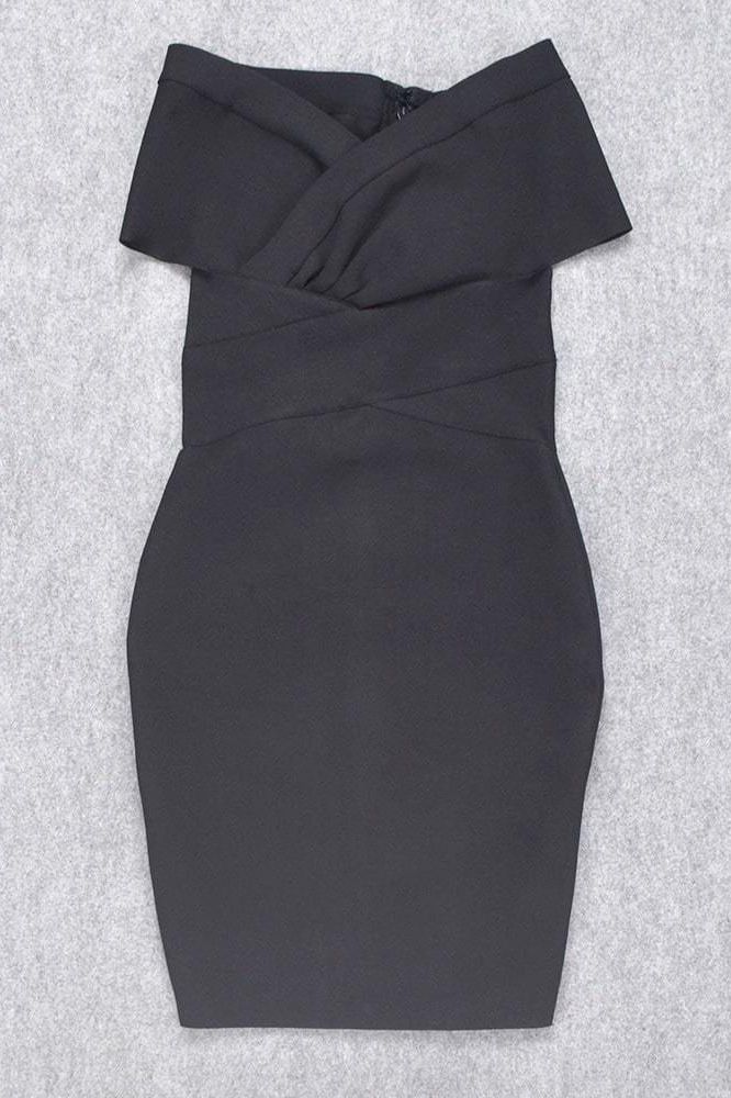 Woman wearing a figure flattering Bea Bandage Dress - Classic Black Bodycon Collection