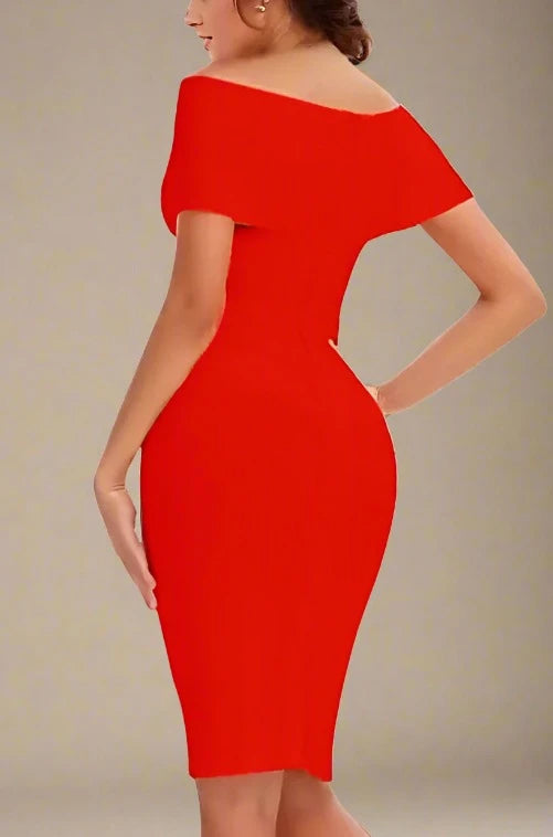 Woman wearing a figure flattering  Bea Bandage Dress - Lipstick Red Bodycon Collection