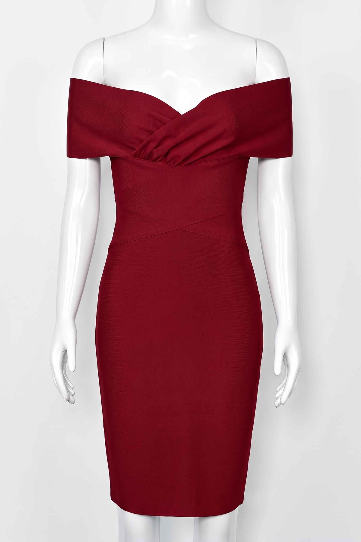 Woman wearing a figure flattering Bea Bandage Dress - Red Wine Bodycon Collection
