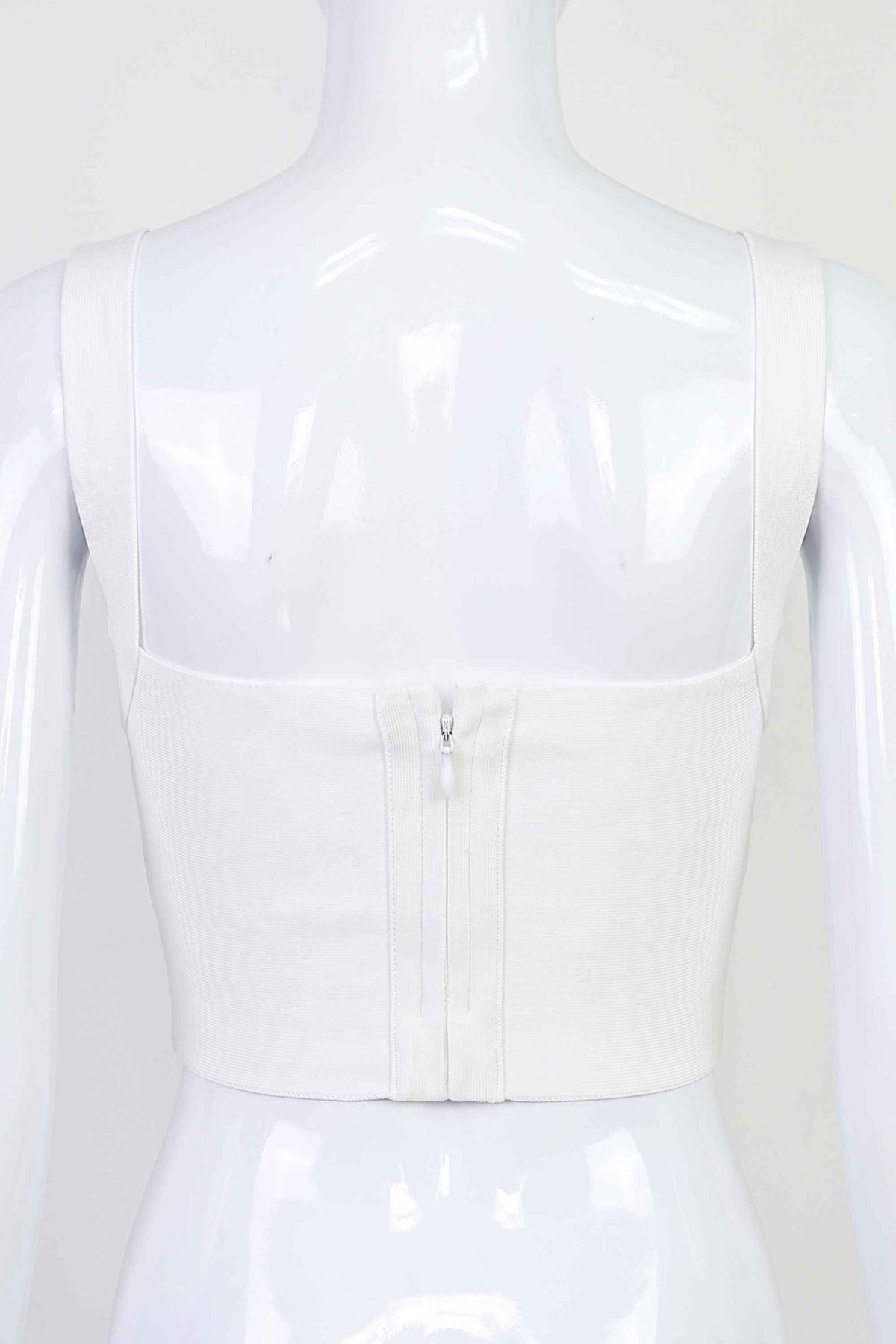 Woman wearing a figure flattering Bee Bandage Crop Top - Pearl White BODYCON COLLECTION