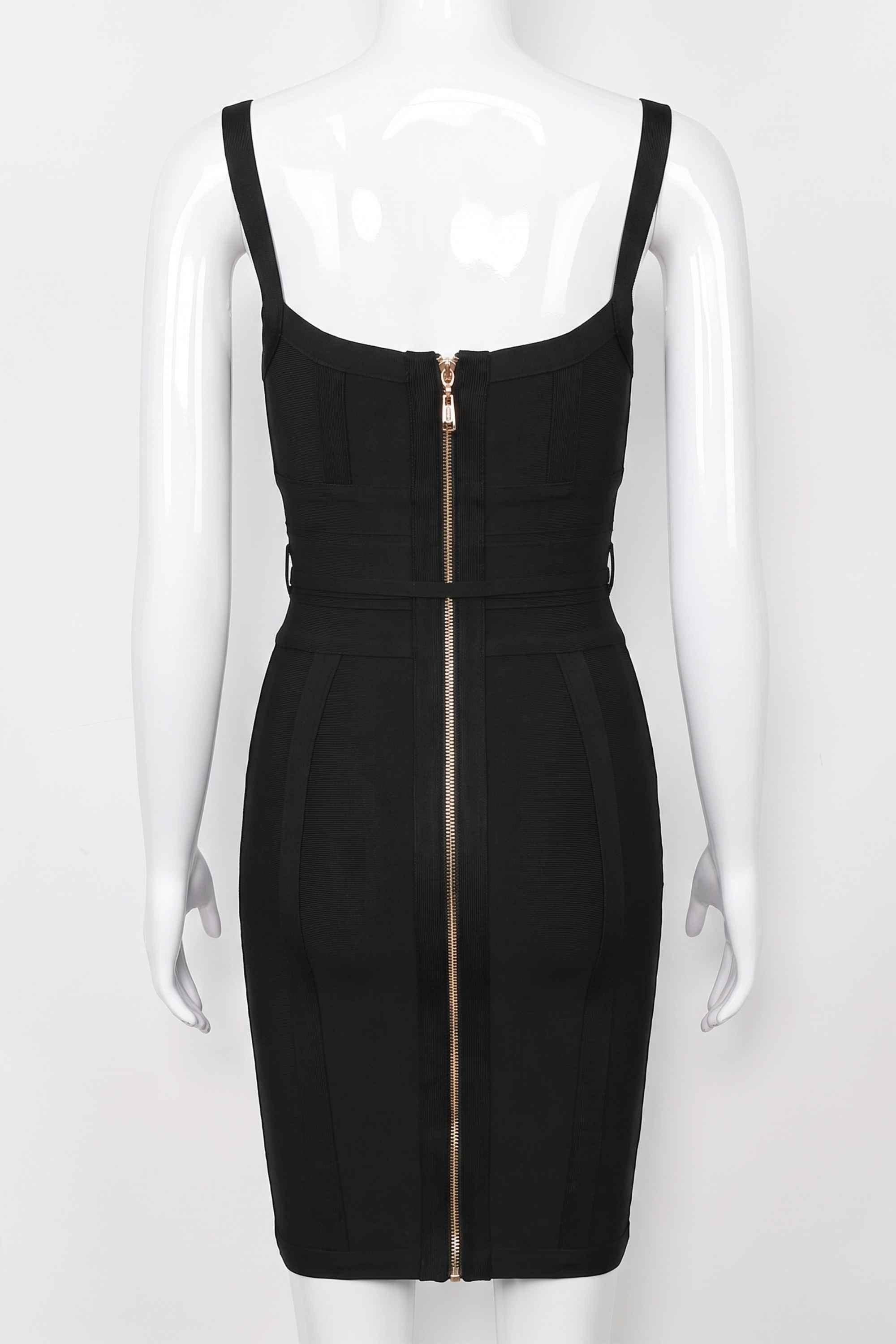 Woman wearing a figure flattering Bek Bandage Dress - Classic Black Bodycon Collection