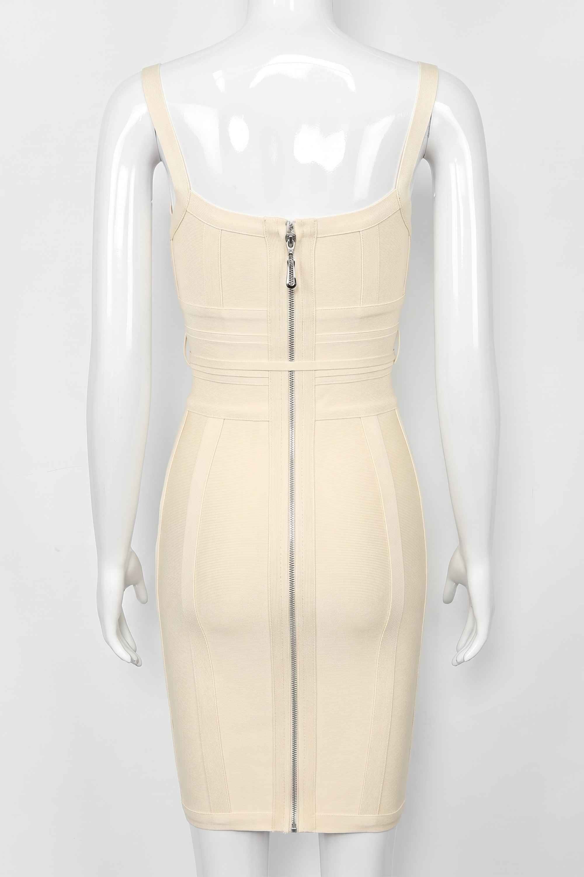Woman wearing a figure flattering Bek Bandage Dress - Cream Bodycon Collection